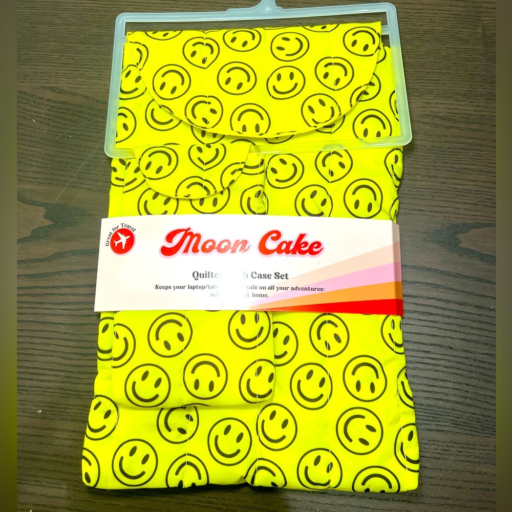 Yellow Moon Cake Smiley Laptop Sleeve W/ magnetic closure + matching small pouch